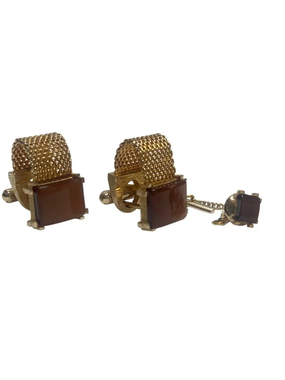 Swank Vintage 60's MCM Tigers Eye Gold Mesh Cufflinks & Tie Pin Original